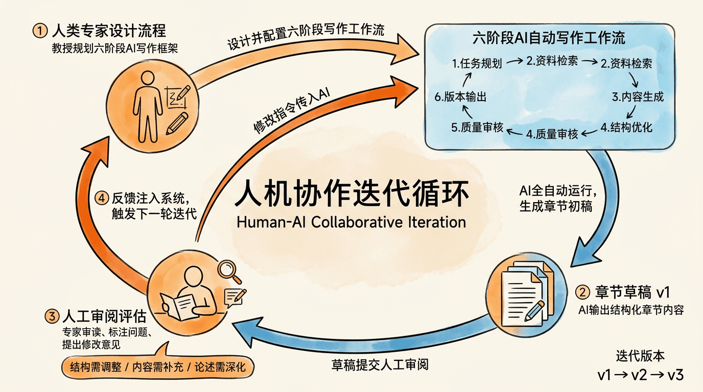 人机协作教材写作工作流：人负责选题与把关，AI 智能体负责素材、初稿、配图与小结